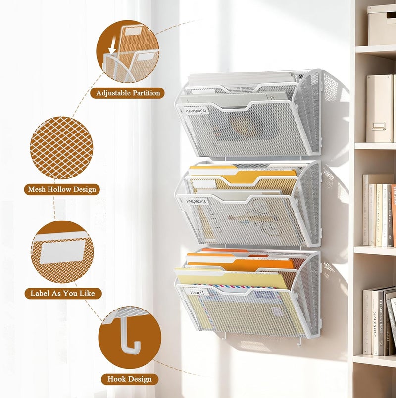 Docnest 3 Tier Mesh Wall File Holders with Hooks – 3 Pack Hanging Letter Holder - Document Organizer for Mail, Paper, Office, Home, School – Space-Saving Wall Mounted Folder Holder – White - Image 5